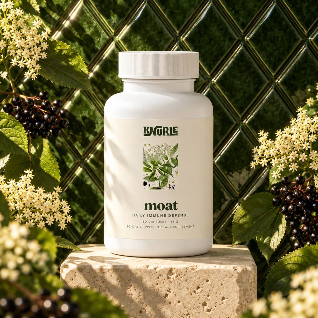 A bottle of Moat daily immune defense on a stone pedestal, in front of green diamond-pattern tiles, with elderflowers and elderberries