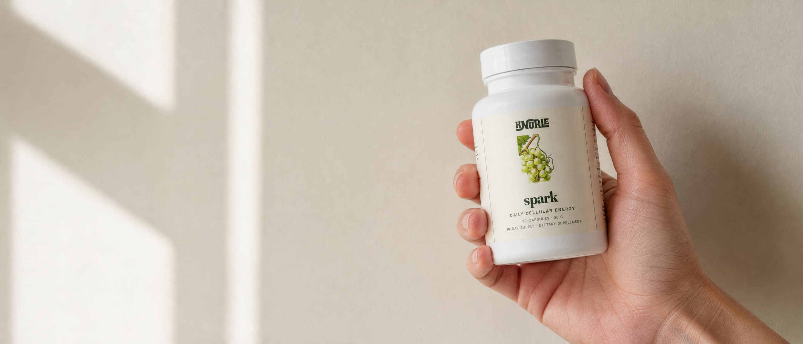 A hand holding a bottle of Spark against a cream wall