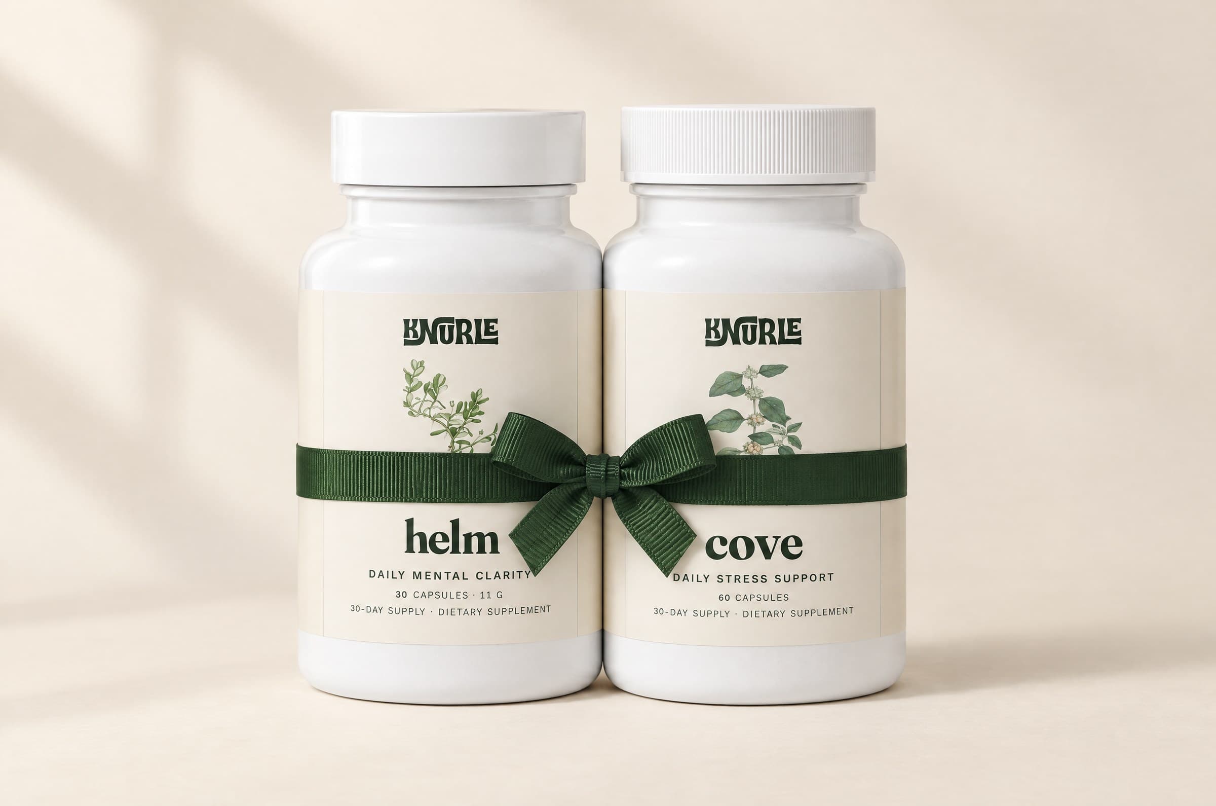 Helm and Cove tied together with a green ribbon