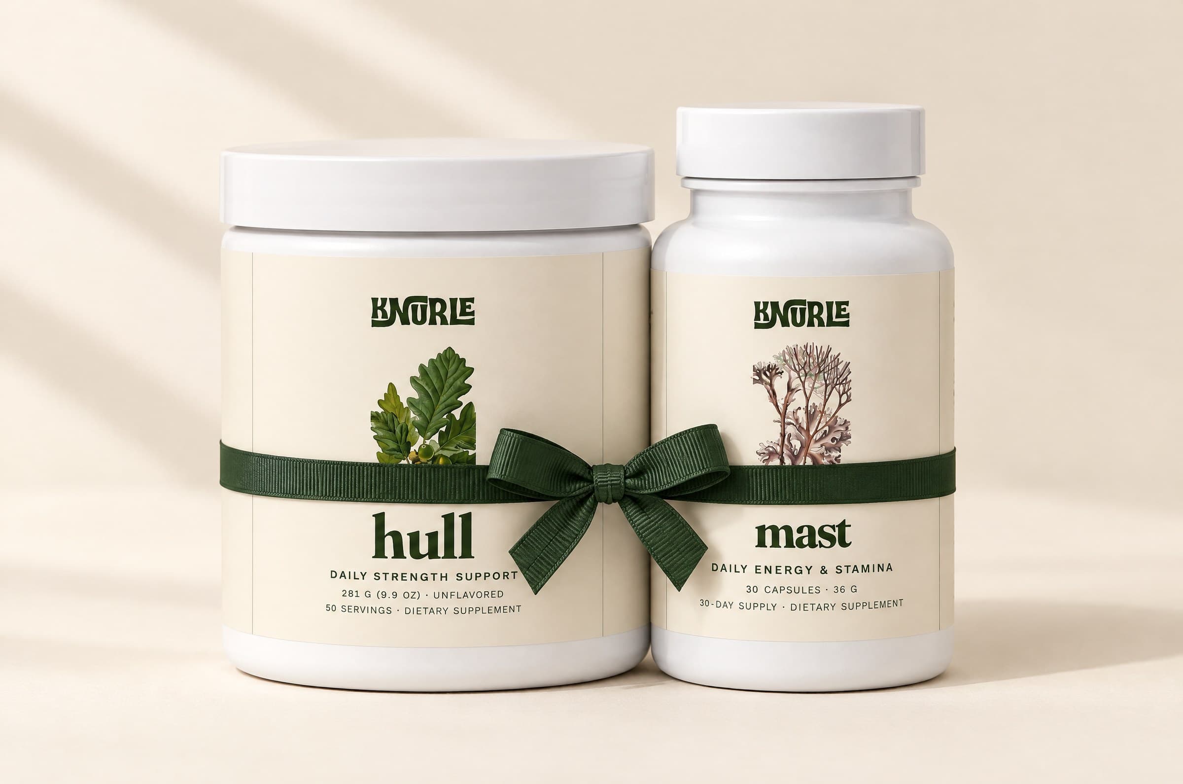 A tub of Hull and a bottle of Mast tied together with a green ribbon